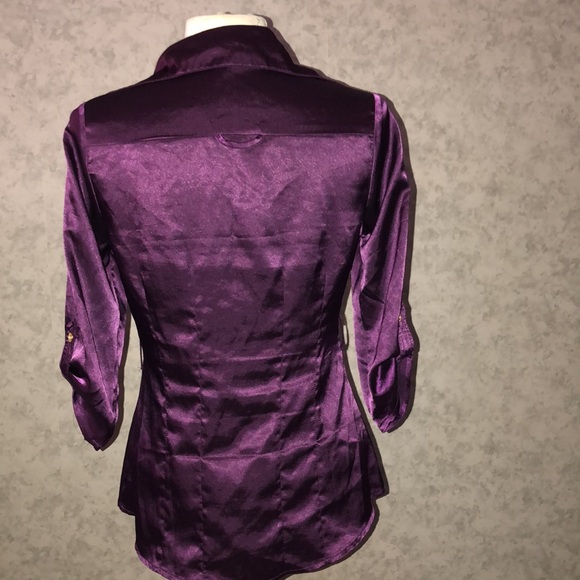 Purple Satin 3/4 Sleeve Tailored Gold Button Down Blouse w/ Pockets - Picture 8 of 8